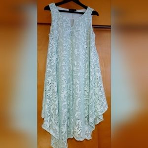 GNW  Sleeveless Aqua Lace Multi Slip Dress with Hankerchief Hem.  Size 12